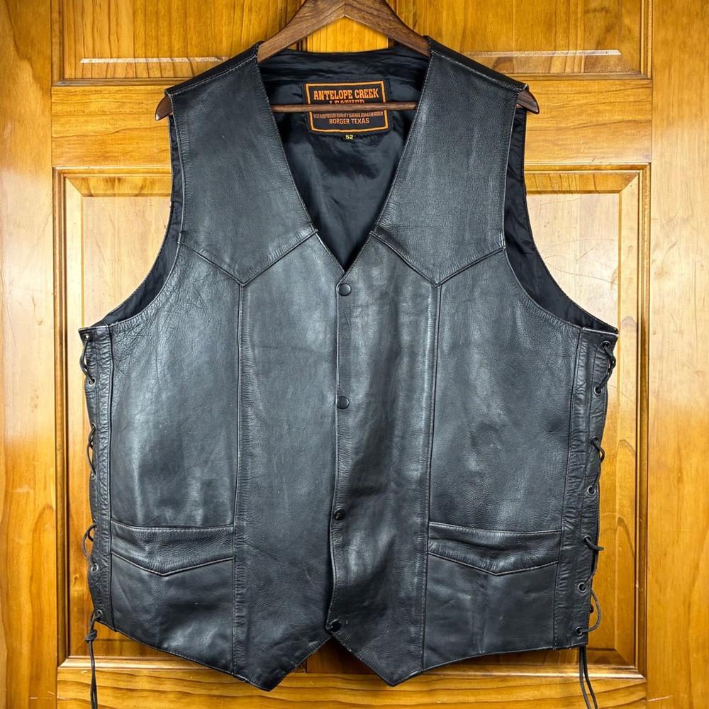 Antelope Creek Leather Mens Sz 52 Black Biker Vest Side Lace Snap Front